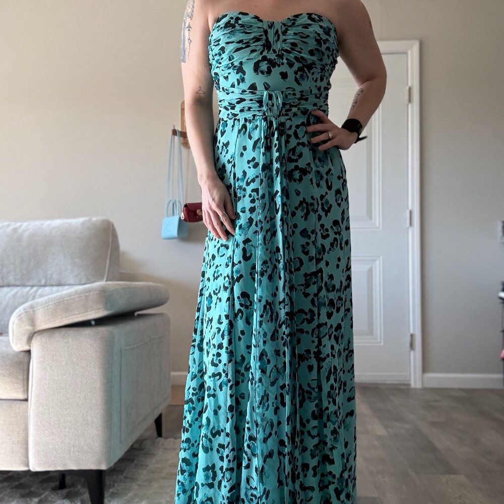 Nanette Lepore Strapless Leopard Gown in Turquoise and Black, Size 8